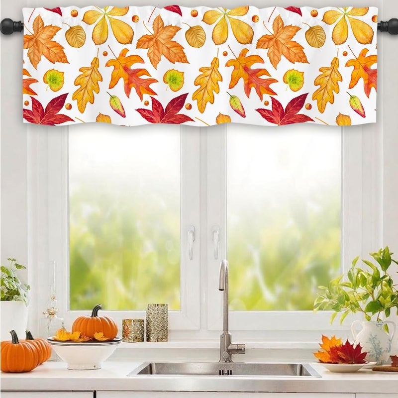 Finphoon Fall Kitchen Valances for Windows, Autumn Maple Leaf Thanksgiving Valance Curtains, Rod Pocket Fall Window Treatments for Kitchen, Bedroom, Living Room, 54" W x 18" L - Image 1